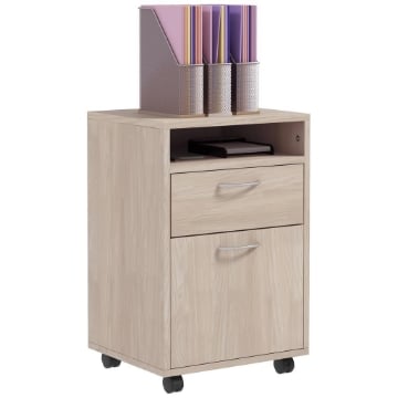 CASSETTIERA DA UFFICIO PORTADOCUMENTI CON RIPIANO APERTO E 2 CASSETTI IN LEGNO E METALLO 40X35X60 CM ROVERE