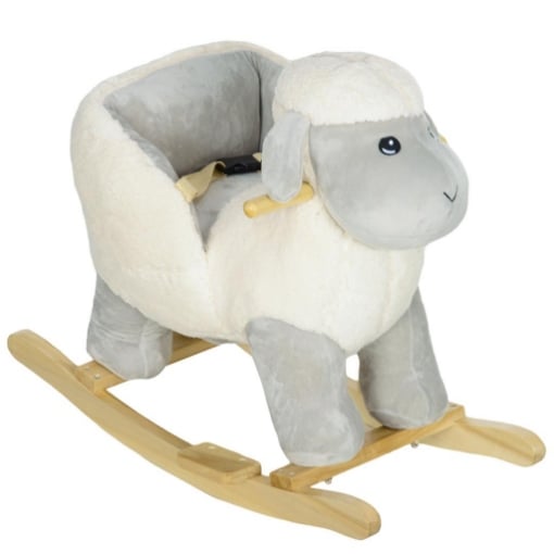 CAVALLO A DONDOLO PER BAMBINI 1-3 ANNI A FORMA DI PECORELLA CON SUONI E RIVESTIMENTO MORBIDO 68X35X55 CM GRIGIO