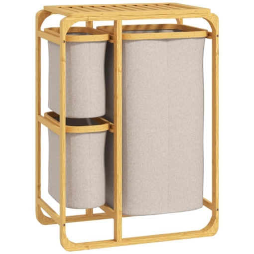 CESTINO PORTABIANCHERIA IN BAMBÙ CON 3 SACCHI E RIPIANI ESTRAIBILI IN TESSUTO 50X32X69.7 CM COLOR BAMBÙ E CREMA