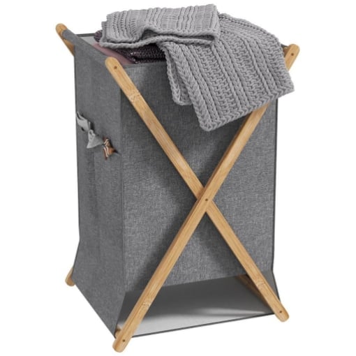 CESTO PORTABIANCHERIA PIEGHEVOLE 55L IN TESSUTO E TELAIO 41X41X64 CM IN BAMBÙ LEGNO E GRIGIO