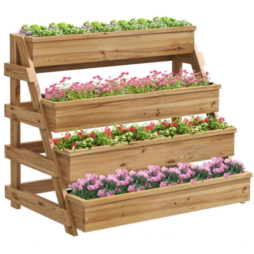 FIORIERA RIALZATA 4 LIVELLI CON FORI DI DRENAGGIO E TESSUTO NON TESSUTO IN LEGNO DI ABETE 75X57X60.5 CM