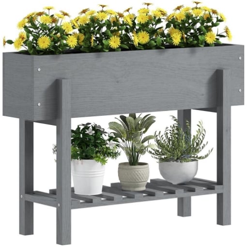 FIORIERA RIALZATA CON RIPIANO INFERIORE E 2 FORI DI DRENAGGIO IN LEGNO DI ABETE 100X30X70.5 CM GRIGIO