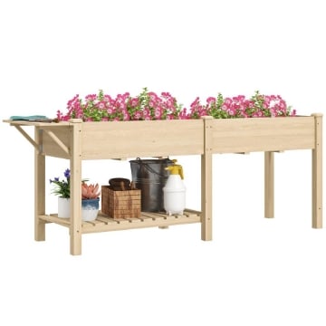 FIORIERA RIALZATA CON TAVOLINO LATERALE E RIPIANO PORTA ATTREZZI INFERIORE IN LEGNO DI ABETE 207X59X78 CM