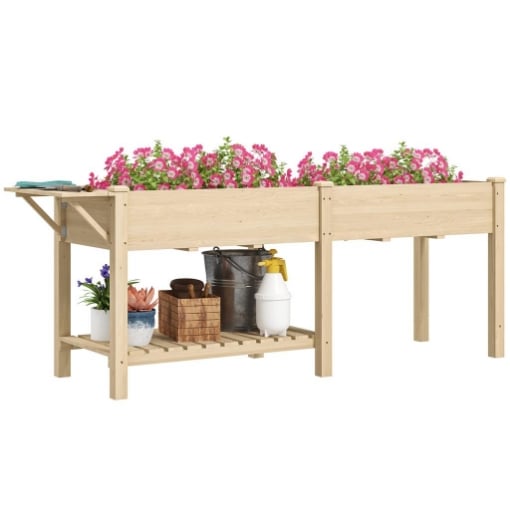 FIORIERA RIALZATA CON TAVOLINO LATERALE E RIPIANO PORTA ATTREZZI INFERIORE IN LEGNO DI ABETE 207X59X78 CM