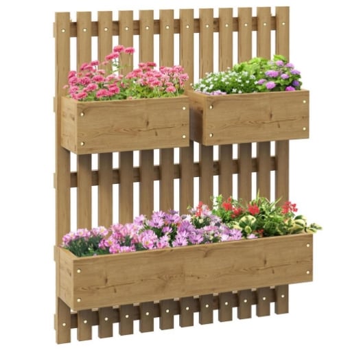 FIORIERA VERTICALE A DOGHE CON 3 VASI RIMOVIBILI IN LEGNO DI ABETE 60X16X80 CM MARRONE BRUCIATO