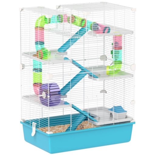 GABBIA PER CRICETI 6 LIVELLI CON TUNNEL RUOTA RAMPE CASETTA BOTTIGLIA E CIOTOLA 58X36X81 CM AZZURRO