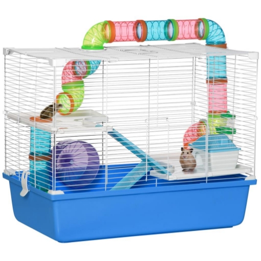 GABBIA PER CRICETI A 3 LIVELLI CON TUNNE CASETTA E RUOTA PER CRICETI 59X36X47CM BLU E BIANCO