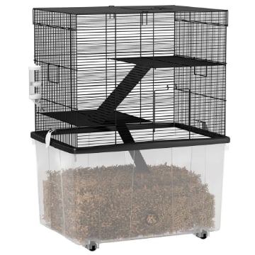 GABBIA PER CRICETI 3 PIANI CON RUOTE 2 PIATTAFORME RAMPE CIOTOLA E BOTTIGLIA 58X43X74 CM NERO