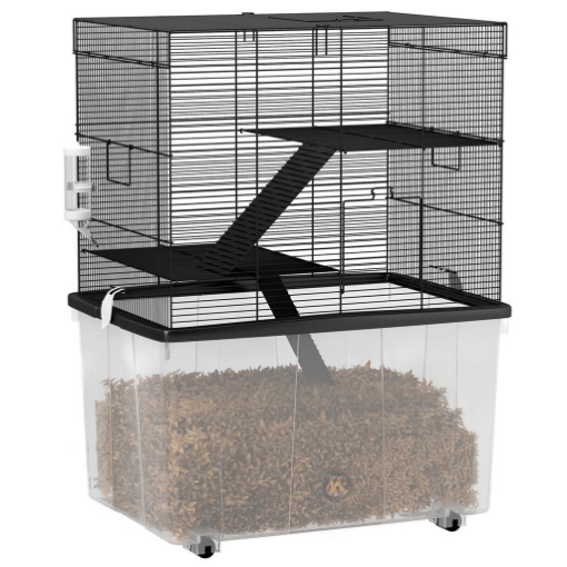 GABBIA PER CRICETI 3 PIANI CON RUOTE 2 PIATTAFORME RAMPE CIOTOLA E BOTTIGLIA 58X43X74 CM NERO