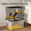 GABBIA PER CRICETI 3 PIANI CON RUOTE 2 PIATTAFORME RAMPE CIOTOLA E BOTTIGLIA 58X43X74 CM NERO