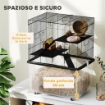GABBIA PER CRICETI 3 PIANI CON RUOTE 2 PIATTAFORME RAMPE CIOTOLA E BOTTIGLIA 58X43X74 CM NERO