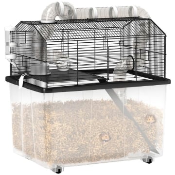 GABBIA PER CRICETI A 2 PIANI CON RUOTE TUBI CIOTOLA BOTTIGLIA E RAMPA 58X43X57 CM NERO