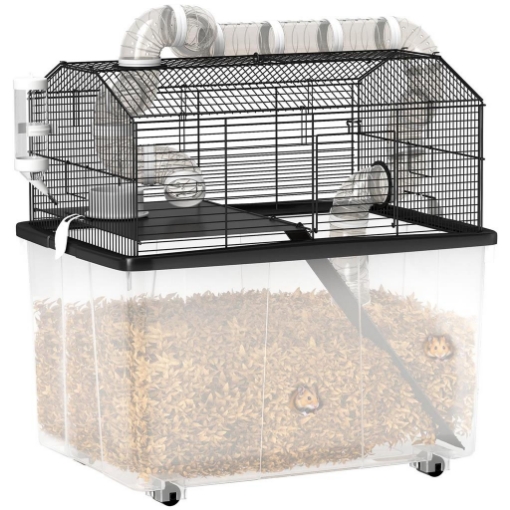 GABBIA PER CRICETI A 2 PIANI CON RUOTE TUBI CIOTOLA BOTTIGLIA E RAMPA 58X43X57 CM NERO