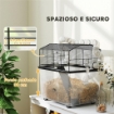 GABBIA PER CRICETI A 2 PIANI CON RUOTE TUBI CIOTOLA BOTTIGLIA E RAMPA 58X43X57 CM NERO