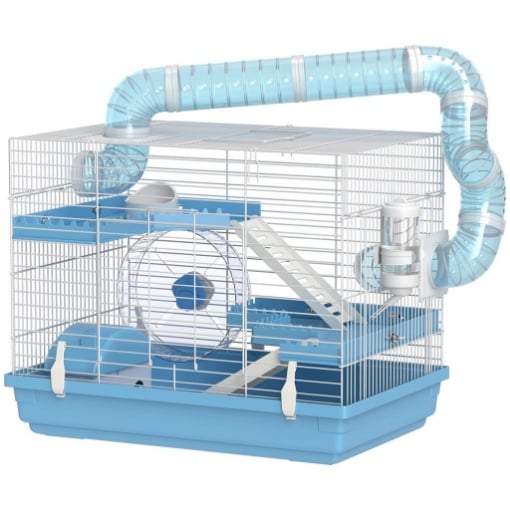 GABBIA PER CRICETI A 3 PIANI CON CASETTA RUOTA CIOTOLA PER CIBO BOTTIGLIA E TUBI 47.X31.5X29.5 CM AZZURRO