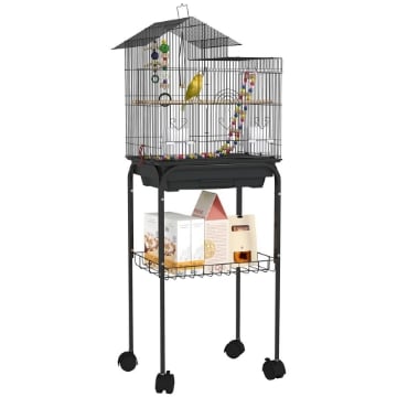 GABBIA PER UCCELLI CON PIEDISTALLO RUOTE GIREVOLI RIPIANO E ACCESSORI 46X36X120 CM NERO