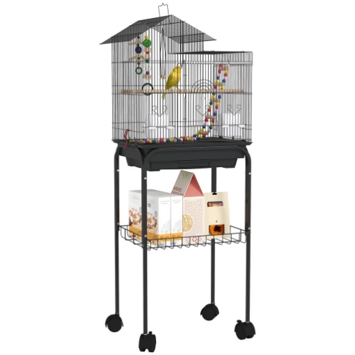 GABBIA PER UCCELLI CON PIEDISTALLO RUOTE GIREVOLI RIPIANO E ACCESSORI 46X36X120 CM NERO