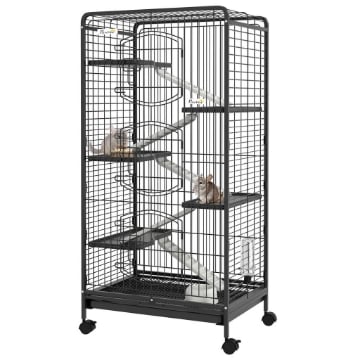 GABBIA PER PICCOLI ANIMALI CON RUOTE 5 RAMPE E 5 PIATTAFORME CIOTOLA E BOTTIGLIA 61.5X44X131 CM NERO