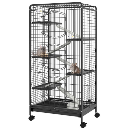 GABBIA PER PICCOLI ANIMALI CON RUOTE 5 RAMPE E 5 PIATTAFORME CIOTOLA E BOTTIGLIA 61.5X44X131 CM NERO