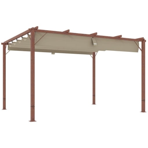 GAZEBO PERGOLA CON TETTO RETRATTILE PICCHETTI E VITI IN POLIESTERE E ALLUMINIO 382X300X232 CM COLOR LEGNO