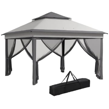 GAZEBO CON ZANZARIERE REGOLABILE SU 3 LIVELLI IN ACCIAIO E TESSUTO OXFORD 326X326X272 CM GRIGIO CHIARO E SCURO