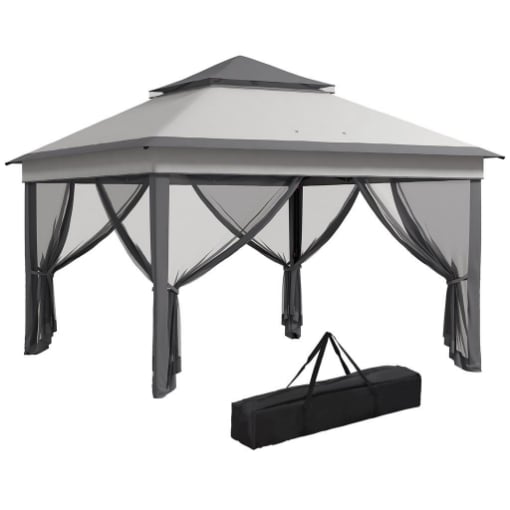 GAZEBO CON ZANZARIERE REGOLABILE SU 3 LIVELLI IN ACCIAIO E TESSUTO OXFORD 326X326X272 CM GRIGIO CHIARO E SCURO