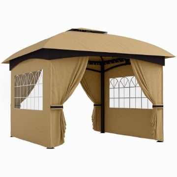 GAZEBO DA GIARDINO 3.4X3.4M CON PARETI PROTEZIONE UV E TETTO A 2 LIVELLI BEIGE