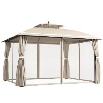 GAZEBO DA GIARDINO 3.7 X 3 M CON ZANZARIERA TENDE LATERALI E DOPPIO TETTO BEIGE