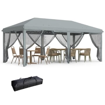 GAZEBO DA GIARDINO PIEGHEVOLE 6X3 M CON 6 ZANZARIERE E PULSANTE IN ACCIAIO E POLIESTERE GRIGIO