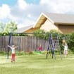 GIOCO PER BAMBINI 3-8 ANNI CON 3 ALTALENE SCALA A CORDA E CANESTRO BASKET IN ACCIAIO PE E PP 3.5X1.8X2 M