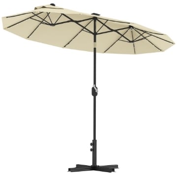 OMBRELLONE DOPPIO CON LUCI LED E BASE A CROCE IN POLIESTERE E ACCIAIO 295X150X219 CM BIANCO CREMA