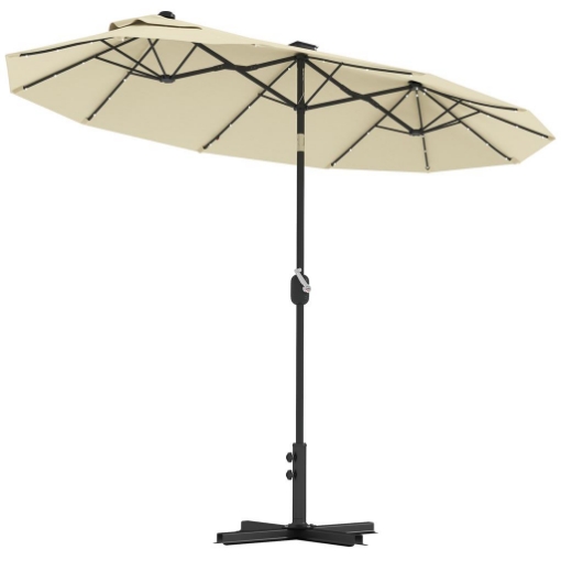OMBRELLONE DOPPIO CON LUCI LED E BASE A CROCE IN POLIESTERE E ACCIAIO 295X150X219 CM BIANCO CREMA
