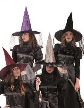 CAPPELLO DA STREGA DI HALLOWEEN CON VELO WITCHVILLE IN COLORAZIONE ASSORTITA