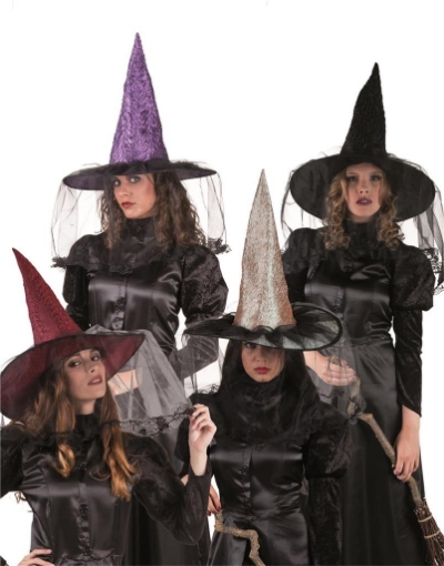 CAPPELLO DA STREGA DI HALLOWEEN CON VELO WITCHVILLE IN COLORAZIONE ASSORTITA
