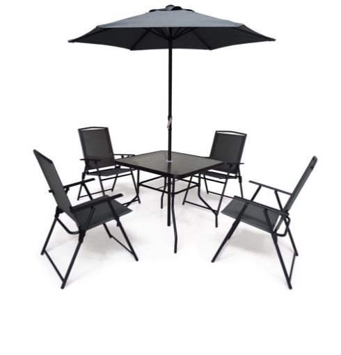 MA MAISON SET TAVOLO CON VETRO TEMPERATO OMBRELLONE 200 H + 4 SEDIE COLORE GRIGIO SCURO