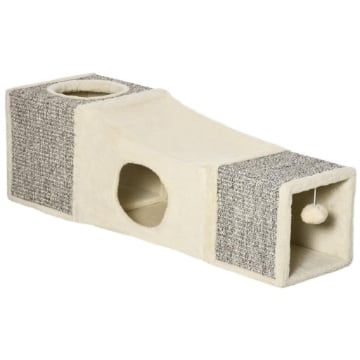 TUNNEL PER GATTI PIEGHEVOLE CON CASETTE, TIRAGRAFFI E PALLINA IN PELUCHE E SISAL, CREMA