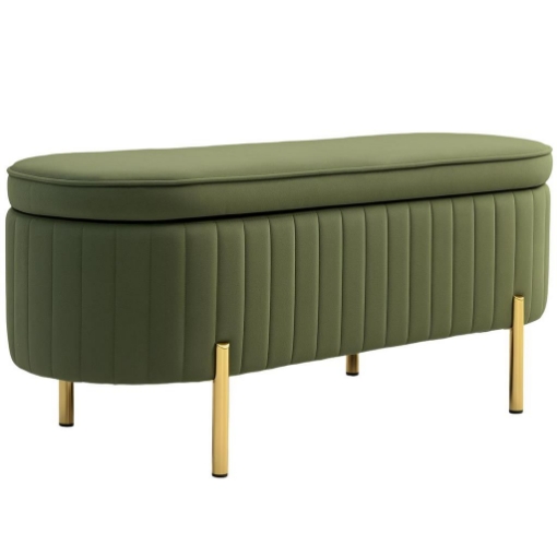 PANCA CONTENITORE OVALE DA 72L CON COPERCHIO SOLLEVABILE IN TESSUTO EFFETTO VELLUTO E LEGNO 108X44X43.5 CM VERDE