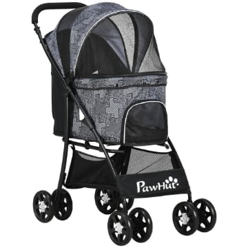 PASSEGGINO PER CANI CON CESTO, CUSCINO E 2 GUINZAGLI, IN ACCIAIO E TESSUTO OXFORD, 81X48X99 CM, NERO E GRIGIO