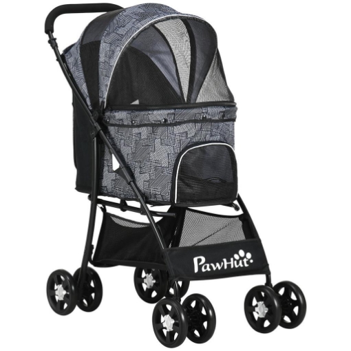 PASSEGGINO PER CANI CON CESTO, CUSCINO E 2 GUINZAGLI, IN ACCIAIO E TESSUTO OXFORD, 81X48X99 CM, NERO E GRIGIO