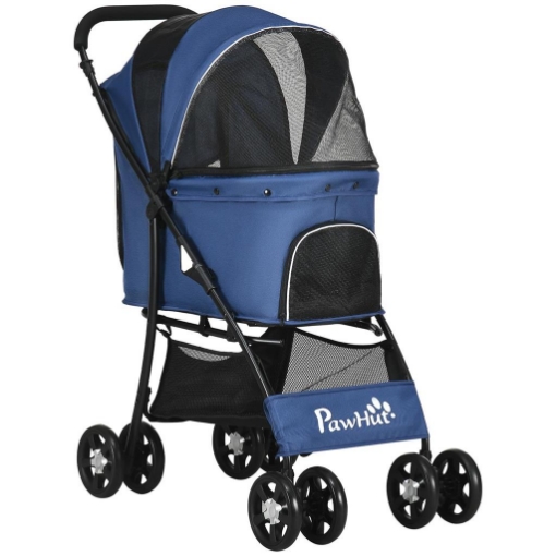 PASSEGGINO PER CANI CON CESTO, CUSCINO E 2 GUINZAGLI, IN ACCIAIO E TESSUTO OXFORD, 81X48X99 CM, NERO E BLU SCURO