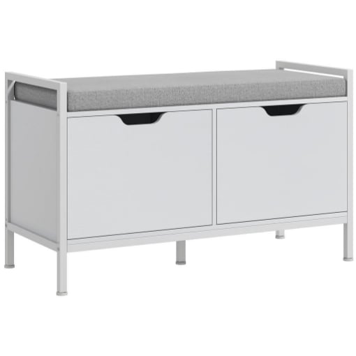 PANCA SCARPIERA A 2 ARMADIETTI CON CUSCINO IN TESSUTO EFFETTO LINO LEGNO E ACCIAIO 84X35X50 CM BIANCO