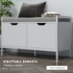 PANCA SCARPIERA A 2 ARMADIETTI CON CUSCINO IN TESSUTO EFFETTO LINO LEGNO E ACCIAIO 84X35X50 CM BIANCO