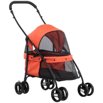 PASSEGGINO PER CANI PIEGHEVOLE CON TETTUCCIO REGOLABILE, BORSA E 2 GUINZAGLI, 82X47X97 CM, ROSSO E NERO