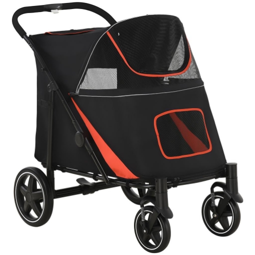 PASSEGGINO PER CANI PIEGHEVOLE CON INGRESSI A CERNIERA E FINESTRE A RETE, 112X65X100 CM, ROSSO E NERO