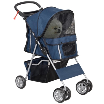 PASSEGGINO PER CANI PIEGHEVOLE CON CESTINO E PORTABICCHIERE PESO MAX 10 KG 75X45X97CM BLU SCURO