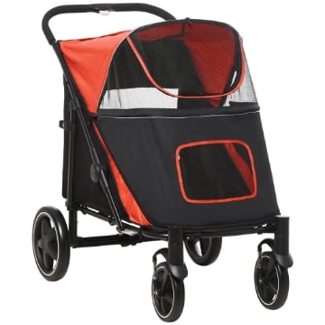 PASSEGGINO PER CANI PIEGHEVOLE CON INGRESSI A CERNIERA E FINESTRE A RETE 112X65X100 CM NERO E ROSSO
