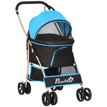 PASSEGGINO PER CANI CONVERTIBILE CON 2 GUINZAGLI E CUSCINO IN ACCIAIO E POLIESTERE, 82X49.5X98 CM AZZURRO E NERO