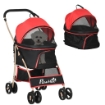 PASSEGGINO PER CANI CONVERTIBILE CON 2 GUINZAGLI E CUSCINO IN ACCIAIO E POLIESTERE, 82X49.5X98 CM ROSSO E NERO