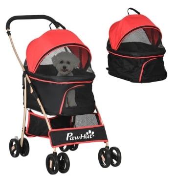 PASSEGGINO PER CANI CONVERTIBILE CON 2 GUINZAGLI E CUSCINO IN ACCIAIO E POLIESTERE, 82X49.5X98 CM ROSSO E NERO