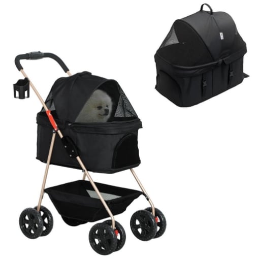 PASSEGGINO PER CANI 3 IN 1 PIEGHEVOLE CON BORSA TRASPORTINO E CESTINO INFERIORE NERO